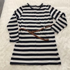 Little girls blue and white striped dress with brown belt